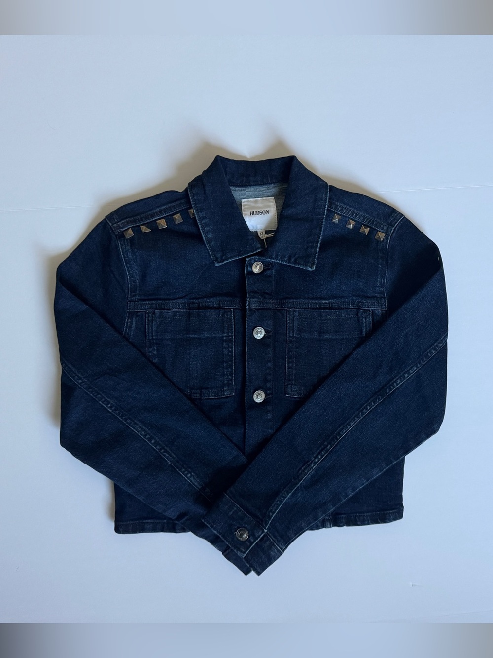 Hudson Jeans Navy Denim Micro Cropped Jacket with Shoulder Studs